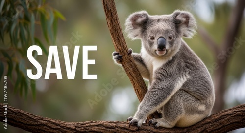 Adorable Koala Bear Sitting on Tree Branch with Save Text Overlay.