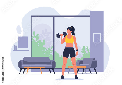 Flat style vector illustration of woman performing dumbbell lunges, strength training and healthy lifestyle fitness concept isolated on clean modern background