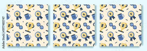 Mens Seamless Pattern set with Cup Badge Mug Glasses Mustache Hat. Mans Print Background for Fathers Day. Pattern blue for Boy in flat style. Vector Illustration for Men Fathers Day Birthday Packaging