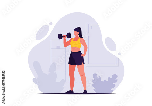 Flat style vector illustration of woman performing dumbbell lunges, strength training and healthy lifestyle fitness concept isolated on clean modern background