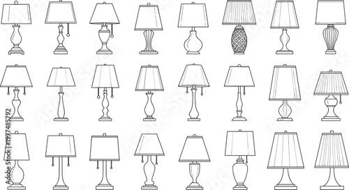 Variety of Table Lamps with Different Designs, Shades, and Bases in Black and White Vector Illustration Set