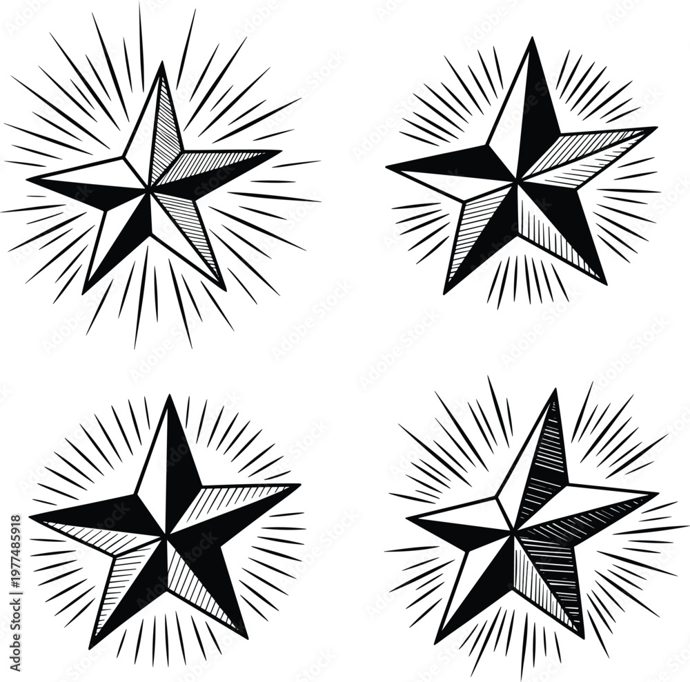 Fototapeta premium Black and white geometric starburst patterns with intersecting lines and rays