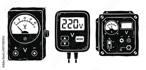 Three electrical measurement devices including voltmeters and a digital meter