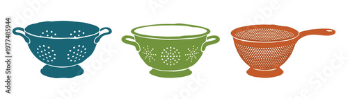 Three different style colander illustrations in blue green and terracotta colors for domestic cooking designs