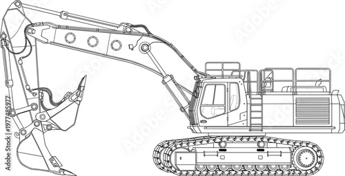 Detailed Side View of an Excavator with Tracks and Hydraulic Arm in Black and White Vector Illustration