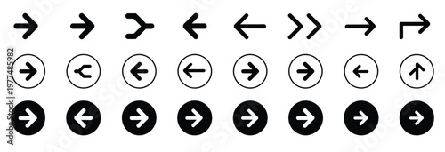 Set of black and white arrow icons in various styles for navigation and direction.
