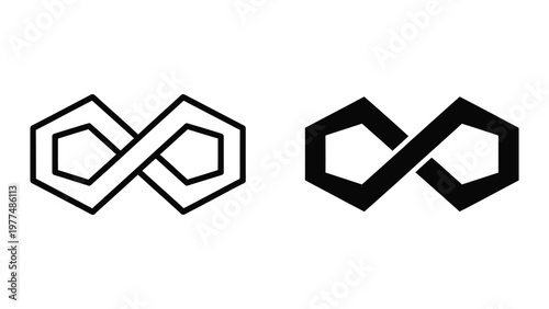 Two contrasting infinity symbols composed of hexagonal shapes with differing line weights