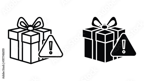Contrasting gift boxes with warning symbols indicating caution or potential issues