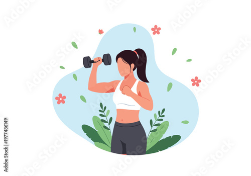 Flat style vector illustration of woman performing dumbbell lunges, strength training and healthy lifestyle fitness concept isolated on clean modern background