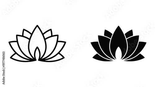 Contrast of line art and filled lotus flower symbols in black and white