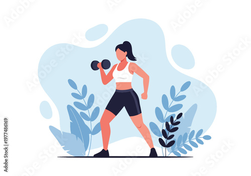 Flat style vector illustration of woman performing dumbbell lunges, strength training and healthy lifestyle fitness concept isolated on clean modern background