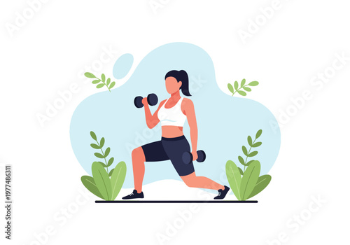 Flat style vector illustration of woman performing dumbbell lunges, strength training and healthy lifestyle fitness concept isolated on clean modern background