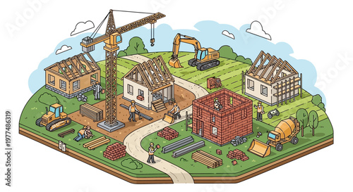 Construction site with houses under development, cranes, excavators, and workers.