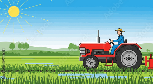 Farmer driving red tractor in sunny green field, agriculture concept