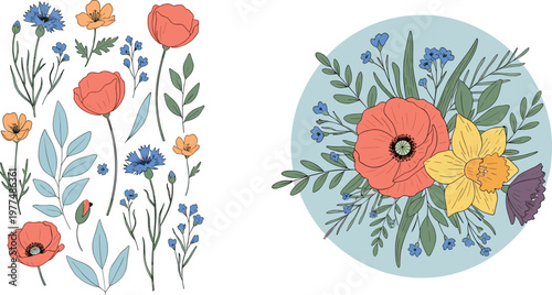 Wildflower and Poppy Icon Set Featuring Poppies, Leaves, and Botanical Elements for Web and App Use