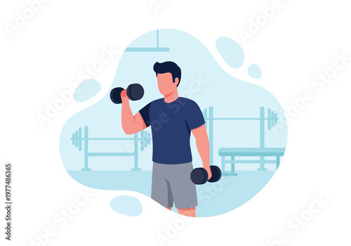 Flat style vector illustration of man lifting dumbbells, strength training and bodybuilding workout concept with healthy lifestyle isolated on minimal background
