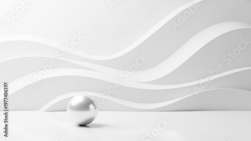 Minimalist 3D wavy background with silver sphere for display