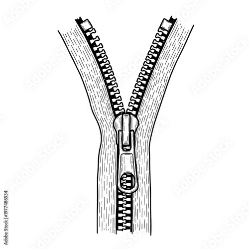 Detailed illustration of a zipper with opening mechanism  