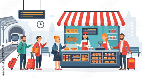 People buying snacks at train station kiosk, travelers with luggage waiting for train