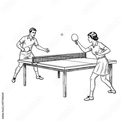 Vintage illustration of a man and woman playing table tennis  