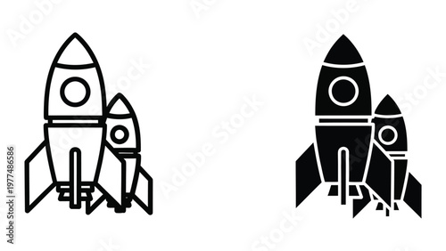 Contrast of classic and modern rocket ship designs in black and white