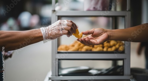 Street vendor hands gloved customer a snack from a display cart.