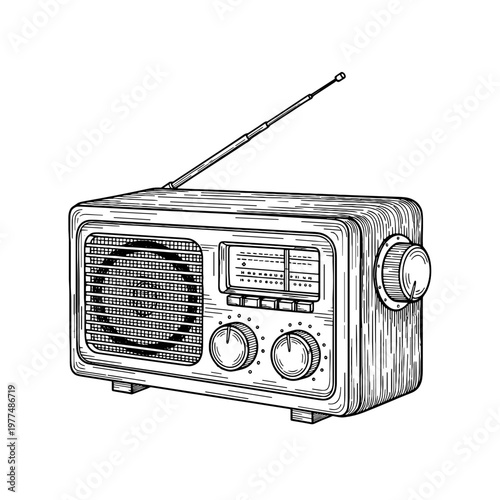 Vintage radio with analog controls and antenna in black and white  