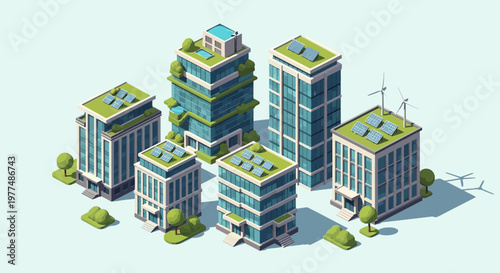 Eco-friendly city buildings with green roofs, solar panels and wind turbines