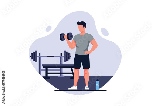 Flat style vector illustration of man lifting dumbbells, strength training and bodybuilding workout concept with healthy lifestyle isolated on minimal background