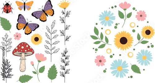 Flower, Butterfly, Ladybug, and Mushroom Icon Set Featuring Sunflowers, Daisies, Butterflies, Ladybugs, and Botanical Elements for Web and App Use