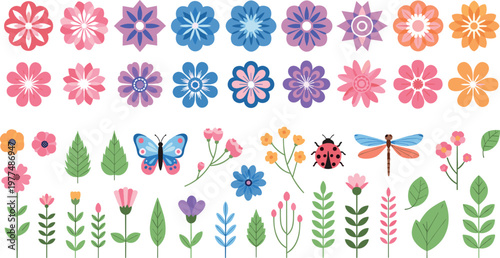 Flower, Butterfly, and Insect Icon Set Featuring Colorful Flowers, Leaves, Butterflies, Ladybugs, and Dragonflies for Web and App Use