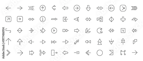 Diverse set of line art arrow icons, representing direction and navigation for digital interfaces.