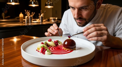 Chef meticulously garnishing a gourmet dessert with precision and care in a professional kitchen setting.