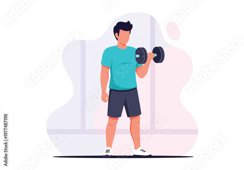 Flat style vector illustration of man lifting dumbbells, strength training and bodybuilding workout concept with healthy lifestyle isolated on minimal background