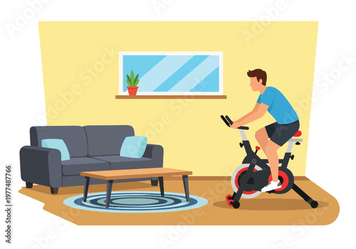 Flat style vector illustration of man exercising on stationary bike, cardio workout and healthy lifestyle concept isolated for fitness and training design