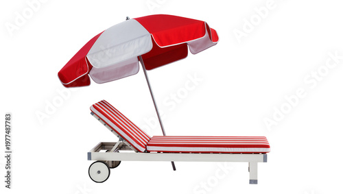 Foto Red white striped beach lounge chair with umbrella