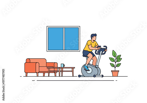Flat style vector illustration of man exercising on stationary bike, cardio workout and healthy lifestyle concept isolated for fitness and training design