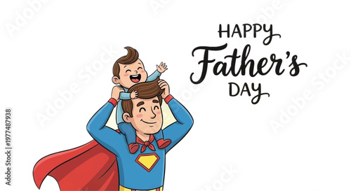Father's Day, cartoon superhero dad, happy family, vector illustration