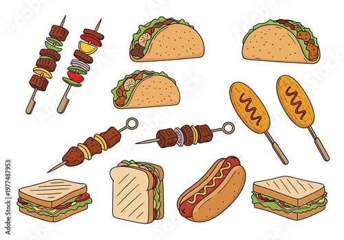 A colorful illustration of various food items including tacos and sandwiches.