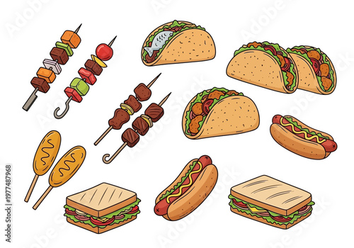 Tacos and various grilled foods are displayed on a plate outdoors.
