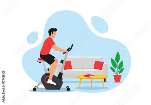 Flat style vector illustration of man exercising on stationary bike, cardio workout and healthy lifestyle concept isolated for fitness and training design