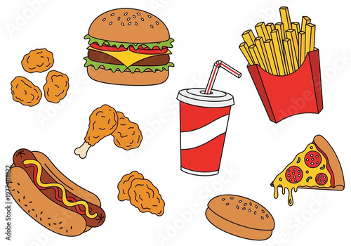 A variety of fast food items are arranged on a table including hot dog