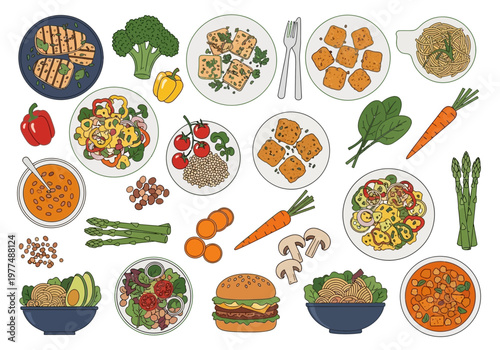 A variety of colorful dishes and foods are arranged on a table.