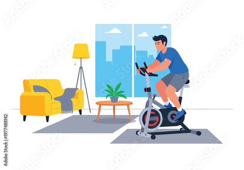 Flat style vector illustration of man exercising on stationary bike, cardio workout and healthy lifestyle concept isolated for fitness and training design