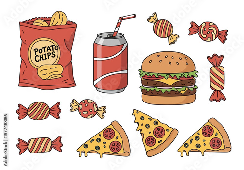 Assorted fast food items including pizza slices, a burger, chips, candies, and soda are arranged on a table indoors.