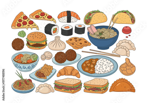 A variety of food items including sushi, pizza, tacos, and sandwiches are arranged on plates and bowls on a table indoors.