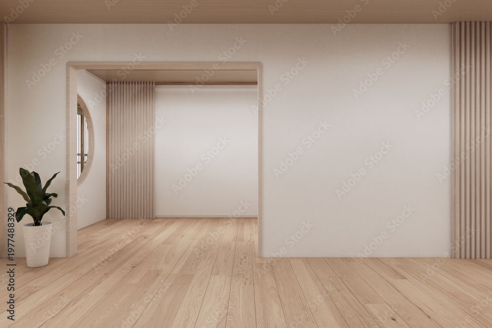 Obraz premium The Modern japandi style Clean room minimal with wood panels wall background 3D illustration rendering