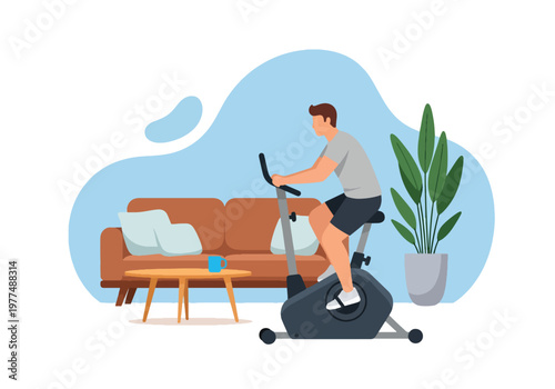 Flat style vector illustration of man exercising on stationary bike, cardio workout and healthy lifestyle concept isolated for fitness and training design