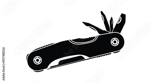 A black silhouette of an open swiss army knife detailed design silhouette