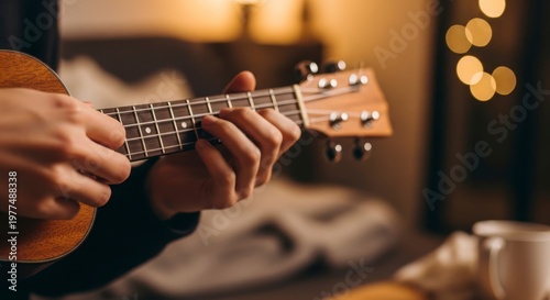 Close up of hands playing a ukulele with bokeh lights in the background.